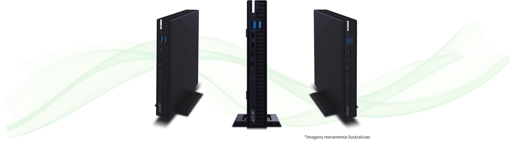 Três mini desktops alinhadas lado a lado.