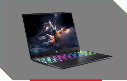 Note Acer Nitro 5 virado à direita, tampa aberta, desenho de cristais vermelhos na tela.