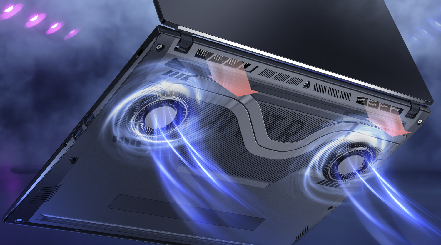 Notebook Acer Nitro, na tela imagem de carro de corrida visto de costas com fundo iluminado em rosa e roxo.