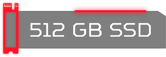 Cartoon de placa de memória em vermelho, com o texto 512 Gb SSD ao centro.
