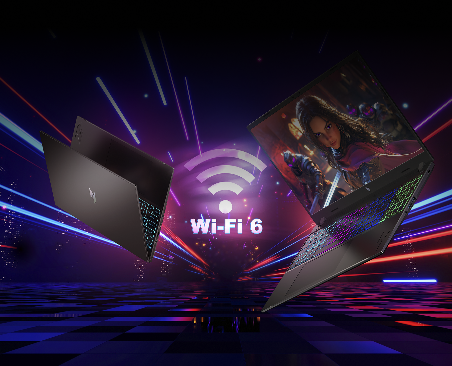 Notebook Acer Nitro, na tela imagem de carro de corrida visto de costas com fundo iluminado em rosa e roxo.