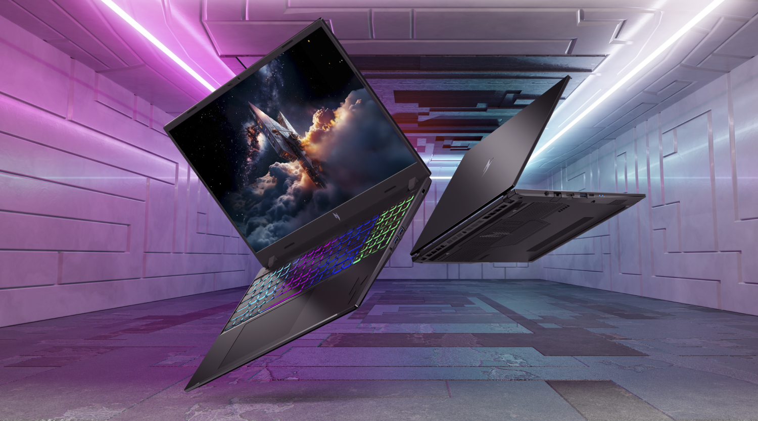 Notebook Acer Nitro, na tela imagem de carro de corrida visto de costas com fundo iluminado em rosa e roxo.