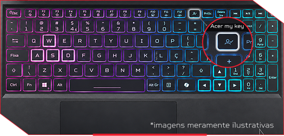 Notebook Acer Nitro 5, sobre o teclado observa-se os logos da intel em azul e da nvidia em verde.