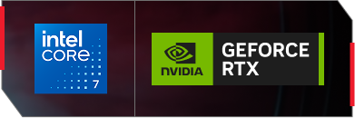 Logo do processador intel em azul e logo da placa nvidia em verde ao lado das palavras GeForce RTX em branco.